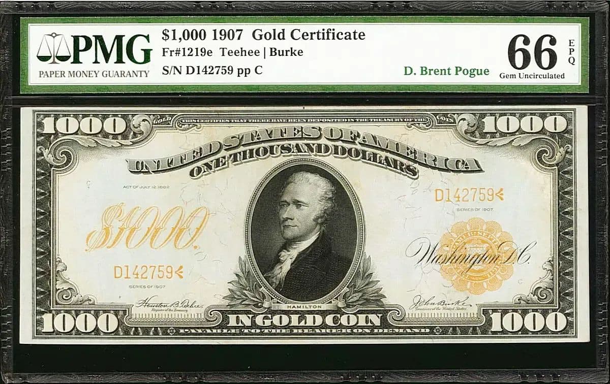1907年1000ドル金貨証券が264,000ドルで落札：最高峰レアコインの市場価値を実証