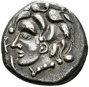 Drachm with cross, early series with dolphins (wicks in balled commas; axe and globules) - Volcæ Tectosages