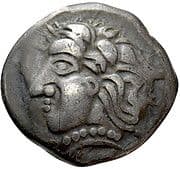 Drachm with cross, early series with dolphins (plant sprouting from the mouth; torque; four points; ax; eye) - Volcæ Tectosages