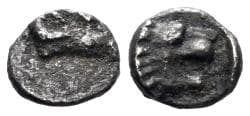 Karia, uncertain mint. 4th century BC. AR Tetartemorion (0.19g, 5mm). SNG Keckman 903