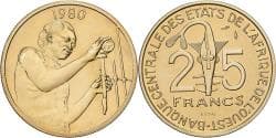 West African States, 25 Francs, 1980, Paris, ESSAI, Aluminum-Bronze,