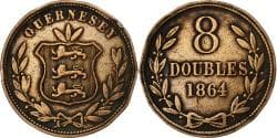 Guernsey, 8 Doubles, 1864, Heaton, Bronze, , KM:7