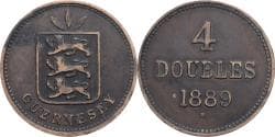 Guernsey, Victoria, 4 Doubles, 1889, Heaton, Bronze, , KM:5