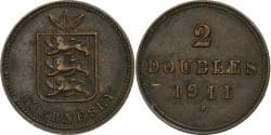 Guernsey, 2 Doubles, 1911, Heaton, Bronze, , KM:9