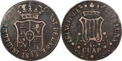 Principality of Catalonia, Isabel II, 6 Quartos, 1844, Barcelona, Copper