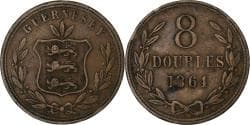 Guernsey, 8 Doubles, 1864, Heaton, Bronze, , KM:7