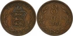 Guernsey, 8 Doubles, 1864, Heaton, Copper, , KM:7