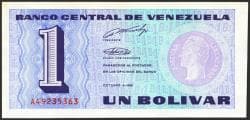 VENEZUELA. 1 Bolívar. 5 de Octubre de 1989. Signatures: Pedro R. Tirico Hijo and José Vicente Rodríguez Aznar. Serie A. (Pick...