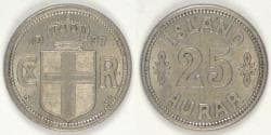 ICELAND - Kingdom, Christian X, 1937 ♥N; GJ, 25 Aurar, Almost Uncirculated