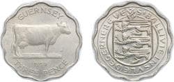 Guernsey 1959 3 Pence - Elizabeth II (Thick Flan) Copper-nickel (480000) 6.72g AU KM 18
