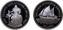Iceland Republic 1986 500 Krónur (Icelandic banknotes anniversary; 92.5% silver) Silver (.925) (5000) 19.97g PF KM 30a Schön...