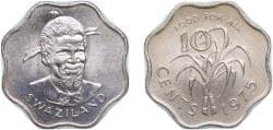 Eswatini Kingdom of Swaziland (1968-2018) 1975 10 Cents - Sobhuza II (FAO) Copper-nickel (75% Copper, 25% Nickel) Royal Mint ...