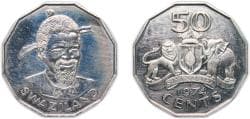Kingdom of Swaziland (1968-2018) 1974 50 Cents - Sobhuza II Copper-nickel (252000) 8.59g PF KM 12