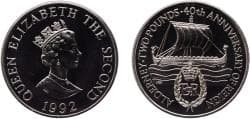 Guernsey Alderney 1992 2 Pounds - Elizabeth II (40th Anniversary of Queen's Reign) Copper-nickel Royal Mint 28.36g BU KM 3 S...