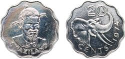 Kingdom of Swaziland (1968-2018) 1974 20 Cents - Sobhuza II Copper-nickel (502000) 5.49g PF KM 11 Schön 11