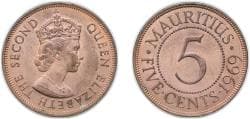 Mauritius 1969 5 Cents - Elizabeth II (1st portrait) Bronze (500000) 9.7g BU KM 34 Schön 33