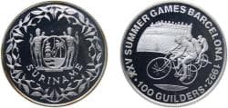 Suriname Republic 1992 100 Guilders (Olympic Games 1992 - Cycling, with 999) Silver (.999) Nova Mint (15000) 20.12g PF KM 41....